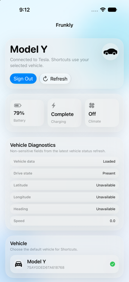 Frunkly iPhone app showing a connected Model Y, battery status, diagnostics, and vehicle selection.